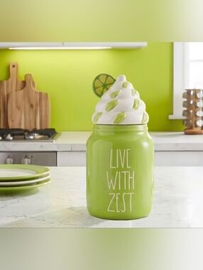 Rae Dunn LIVE WITH ZEST Canister with Whipped Cream Topper in Bright Lime Color